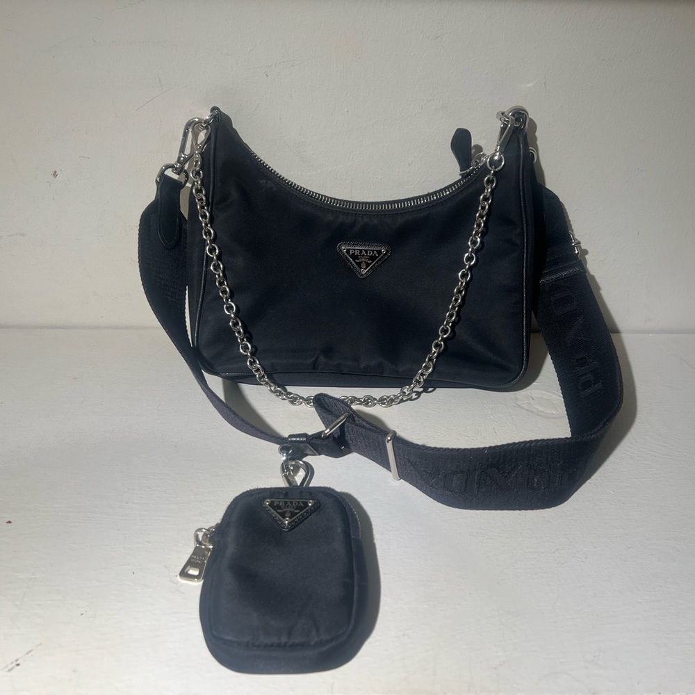 Prada Black Nylon Shoulder Bag with Silver Chain